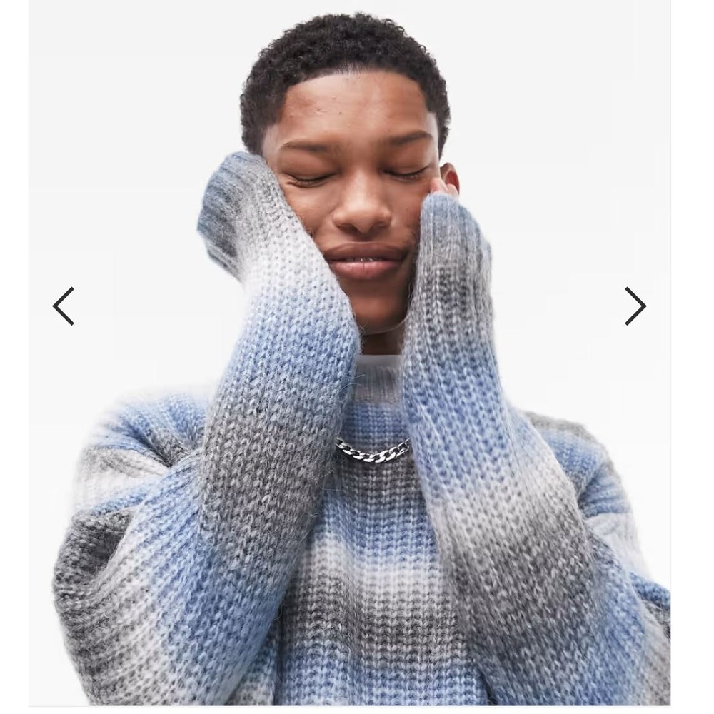 Topman Mens Ombre Striped Knit Sweater Blue Grey White Wool Blend Large